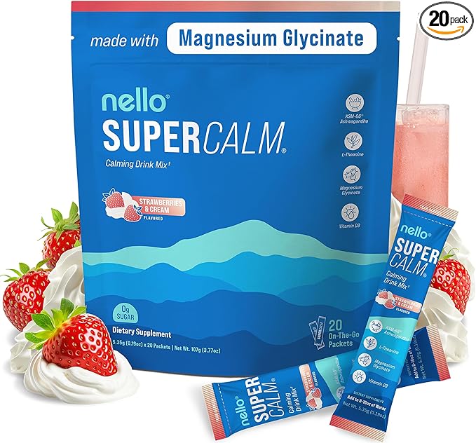 Supercalm Drink Mix - Ashwagandha KSM 66, Magnesium Glycinate & L-Theanine Supplement, Vitamin D3 - Ashwagandha Root Extract - Focus and Relaxation Support (20 Travel Packets) - Strawberries & Cream