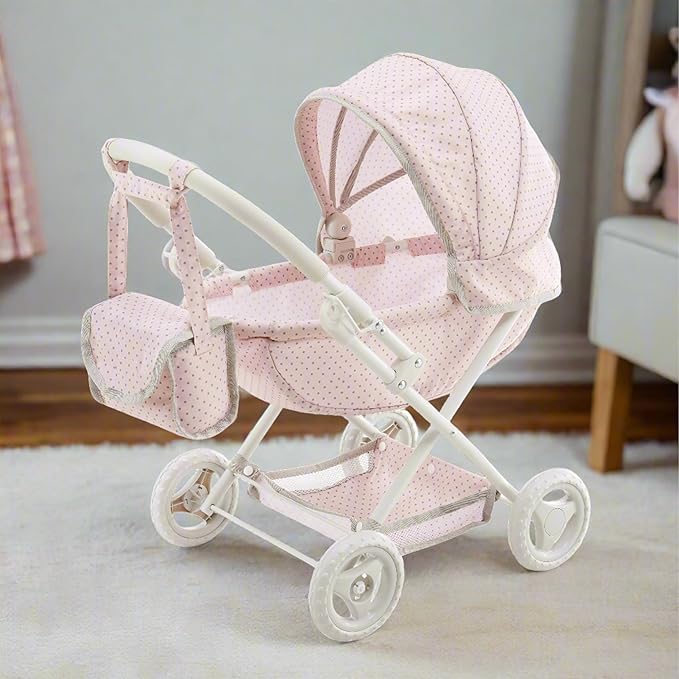 Olivia's Little World Polka Dot Princess Baby Doll Pram Stroller with Retractable Canopy & Storage, Pink