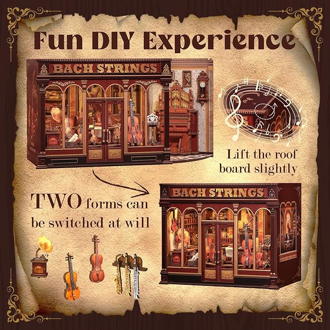 Cutefun Book Nook Kit - DIY Miniature House Dollhouse Kit, Book Nook Kits for Adults, Bookshelf Insert Bookend with LED Light for Teens and Adults (Bach Strings)