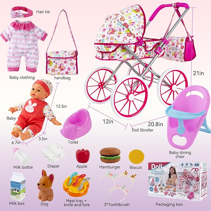 Baby Doll Stroller Toys Set with 12.5" Doll for 3-7, Foldable Stroller, Dining Chair, Accessories & 1 Outfits,Pretend Play Baby Doll Toys for Girls Ages 3-7