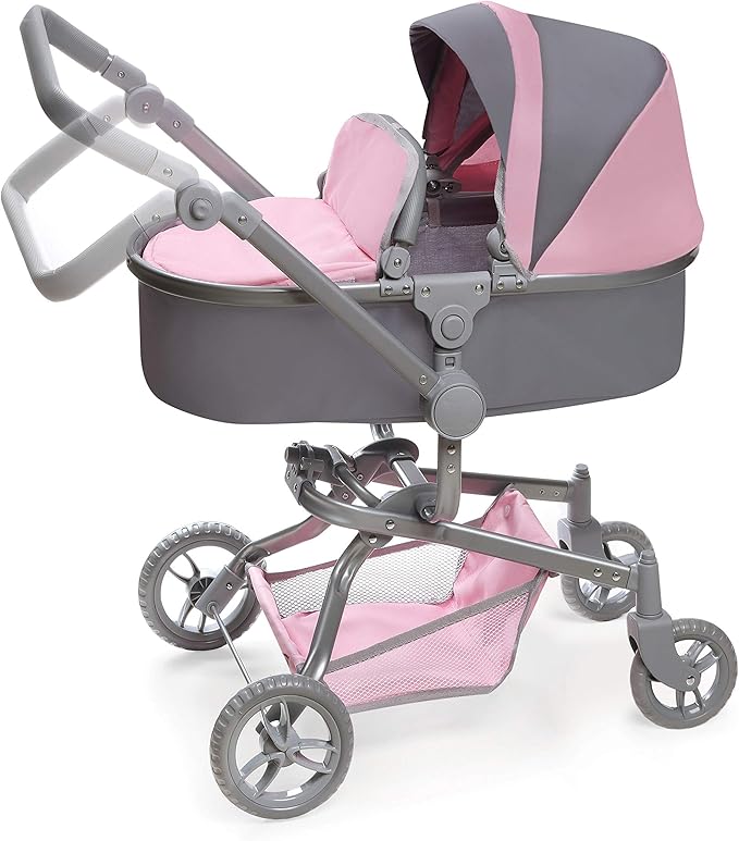 Badger Basket Foldable Doll Stroller & Pram for Dolls - Convertible Toy with Canopy, Basket & Soft Handle - Lightweight, Easy to Use for Girls Ages 3+- Gray/Pink