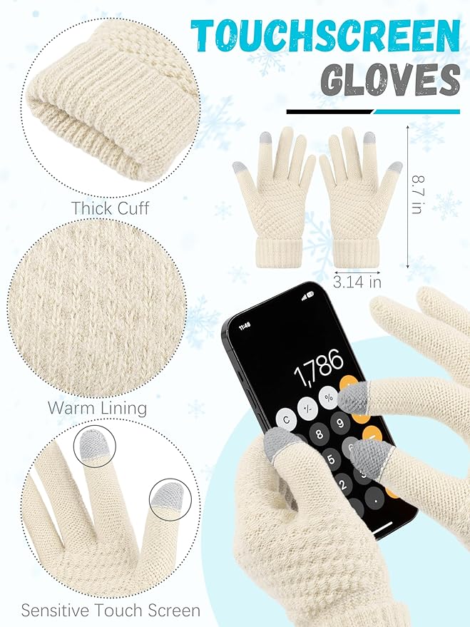 Winter Beanie Hat Scarf Gloves, Warm Fleece Knit Hats Touch Screen Gloves Neck Scarf Set Winter Gifts for Unisex Adult
