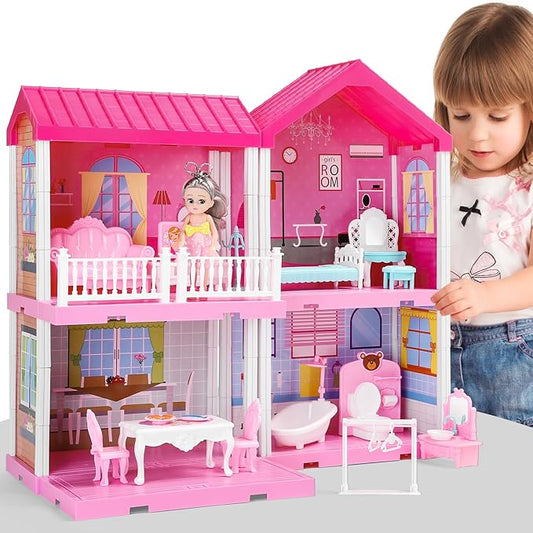 Girl House Toys for Girls 4-8, 2 Storey 4 Rooms Indoor Playset with Doll, Furniture and Accessories, Pretend Toddler Toy, Birthday Gifts for Girl Age 3-5 4-6 6-12