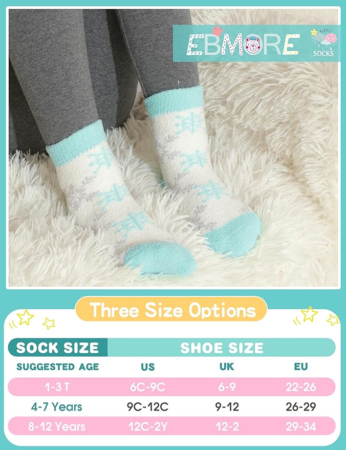 EBMORE Girls Kids Toddler Fuzzy Socks with Grips Non Slip Slipper Socks Crew Cabin Cozy Fluffy Warm Winter Socks 6 Pairs
