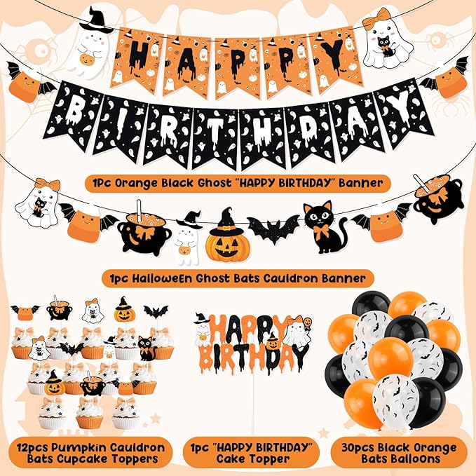 Orange Black Halloween Happy Birthday Decor Cute Ghost Banner Cake Topper Balloons for Halloween Theme Birthday Party The Spooky One Little Boo Happy Boo Day Party Supplies
