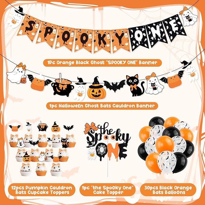 Orange Black Halloween First Birthday Decor Spooky One Banner Cute Ghost Cake Topper Balloons for Halloween Theme 1st Birthday Party The Spooky One Little Boo Happy Boo Day Party Supplies