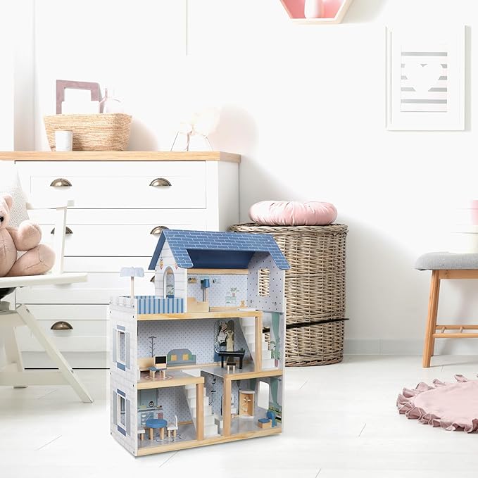 Lil' Jumbl Kids Wooden Dollhouse, 17-Piece Accessories & Furniture are Included, with Balcony & Stairs, 3 Story Easy to Assemble Doll House Toy - Blue