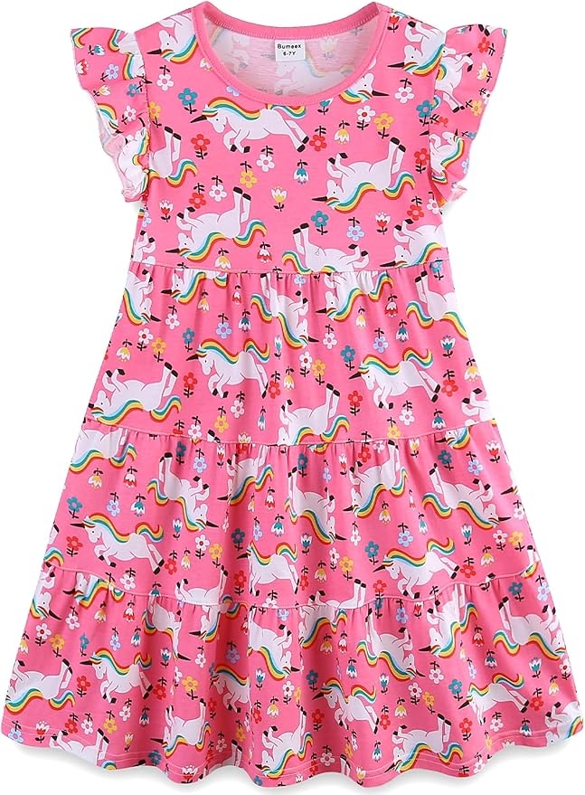 Bumeex Girl's Dresses Cotton Ruffle Sleeve Tiered Swing A-Line Cute Midi Casual Sundress