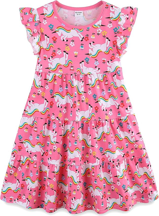 Bumeex Girl's Dresses Cotton Ruffle Sleeve Tiered Swing A-Line Cute Midi Casual Sundress