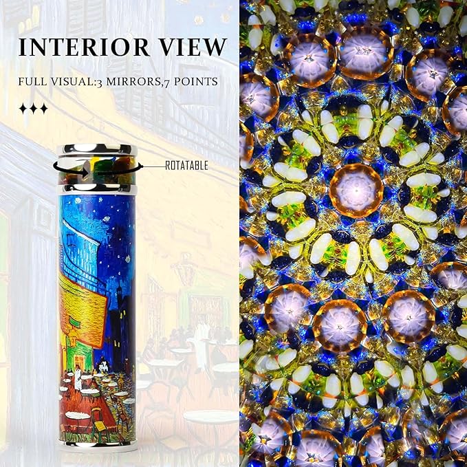 Café Terrace at Night Rotatable Kaleidoscope,5.5" Full Visual Handmade Adult Kaleidoscope,Natural Crystal and Stone Gems Oil-Filled Core Box,Vintage Gift Box,Anniversary Birthday Gift for Man Woman