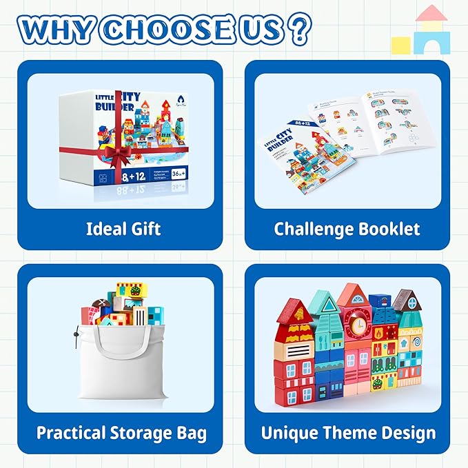 VigorFun 100 PCS Wooden Building Blocks Set - City Builder Stacking Toy with Storage Bag, Montessori Preschool Toys for Kids Toddlers Birthday Gifts Ages 3+