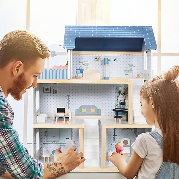 Lil' Jumbl Kids Wooden Dollhouse, 17-Piece Accessories & Furniture are Included, with Balcony & Stairs, 3 Story Easy to Assemble Doll House Toy - Blue