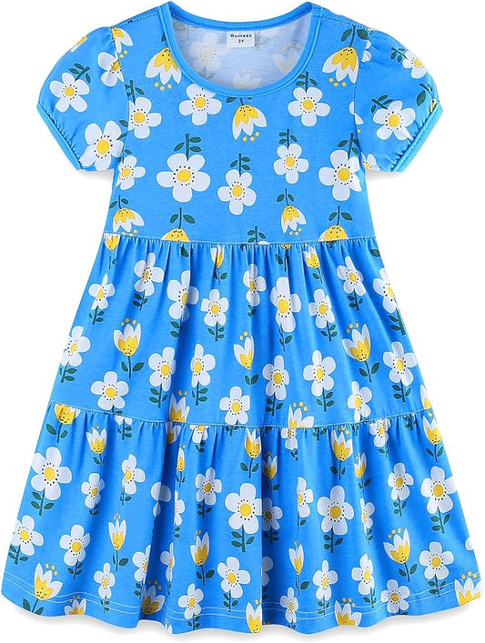 Bumeex Girl's Dresses Cotton Ruffle Sleeve Tiered Swing A-Line Cute Midi Casual Sundress