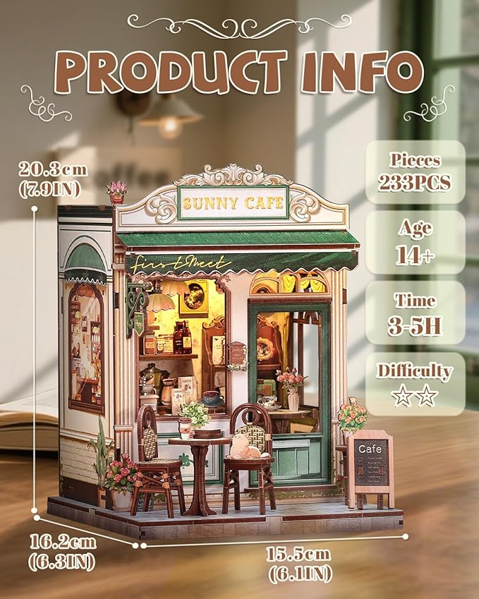 Cutefun Book Nook Kit - DIY Miniature Coffee Shop Dollhouse Kit for Adults and Teens, 3D Wooden Cafe Puzzle Mini House Building Kit with LED Bookshelf Insert Decor Creative Gifts (Sunny Cafe)