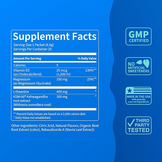 Nello Supercalm Drink Mix - Ashwagandha KSM 66, Magnesium Glycinate & L-Theanine Supplement - Ashwagandha Root Extract - Focus and Relaxation Support (20 Travel Packets) - Peach Berry