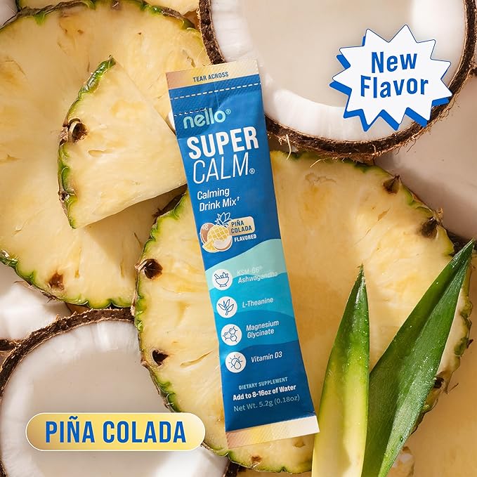 Nello Supercalm Drink Mix - Ashwagandha KSM 66, Magnesium Glycinate & L-Theanine Supplement - Ashwagandha Root Extract - Focus and Relaxation Support (20 Travel Packets) - Pina Colada
