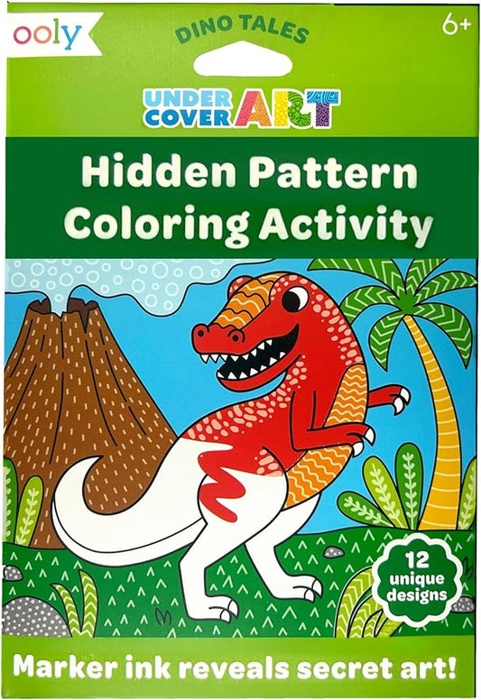 Ooly Undercover Art Hidden Pattern Coloring Activity Art Cards - 12 Unique and Fun Designs, Non-Toxic Coloring Gifts for Kids, Activity Kit for Travel - Dino Tales