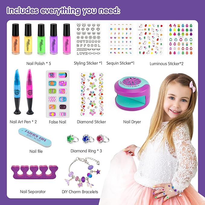 BATTOP Kids Nail Polish Set for Girls - Kids Nail Art Kit with Dryer & Fake Nail & Sticker & Water Based Nail Polish & Nail Art Pen - Idea Gifts for Girls Ages 6 7 8 9 10 11 12