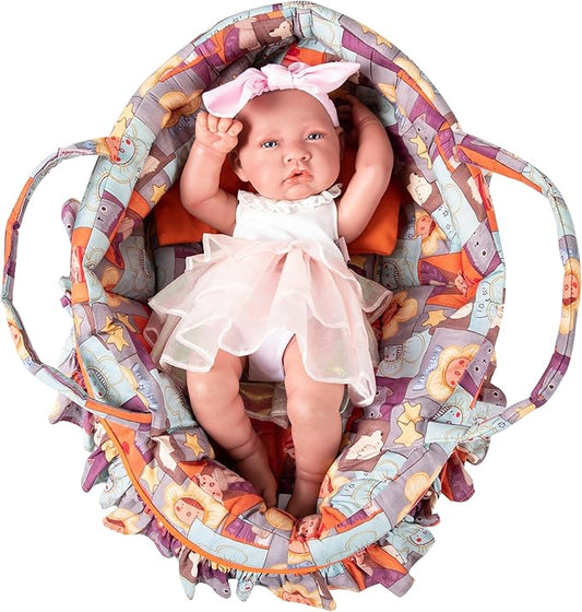 Doll Carry Cot Set Doll Carrier Soft Basket Bassinet, Includes 1 Cot and 1 Pillow, Orange Cartoon Doll Bassinet, Fits for 16 Inch 18 Inch American Girl Dolls