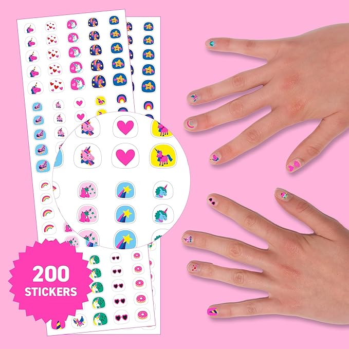 Omy Unicorn Nail Stickers for Kids - 200 Stickers, Waterproof, Durable, Fun, Creative Designs | Strong Enough to Last Through Hand Washing - Easy to Apply, Safe, Non-Toxic | Age 3 and Up