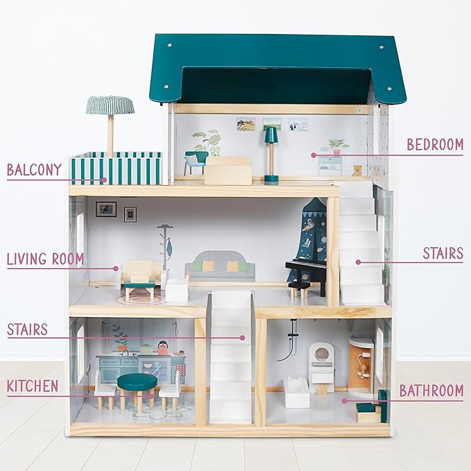 Lil' Jumbl Kids Wooden Dollhouse, 17-Piece Accessories & Furniture are Included, with Balcony & Stairs, 3 Story Easy to Assemble Doll House Toy - Green