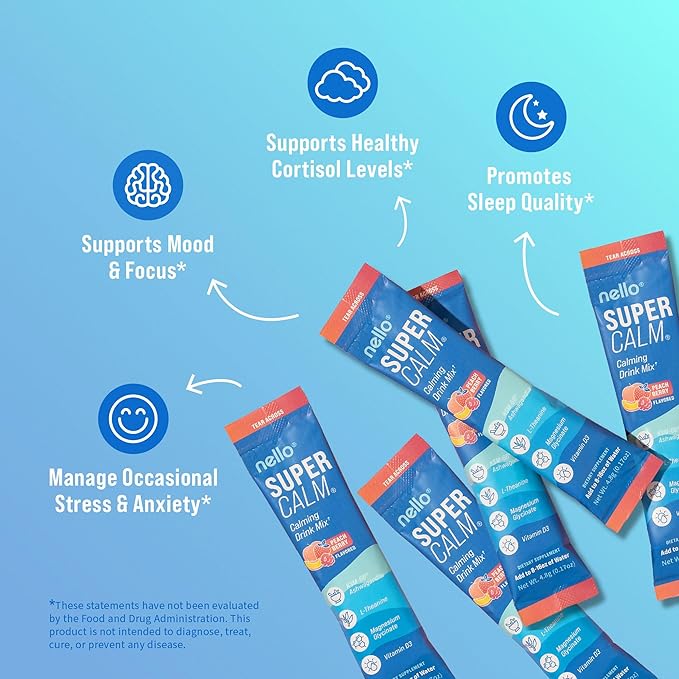 Nello Supercalm Drink Mix - Ashwagandha KSM 66, Magnesium Glycinate & L-Theanine Supplement - Ashwagandha Root Extract - Focus and Relaxation Support (20 Travel Packets) - Peach Berry