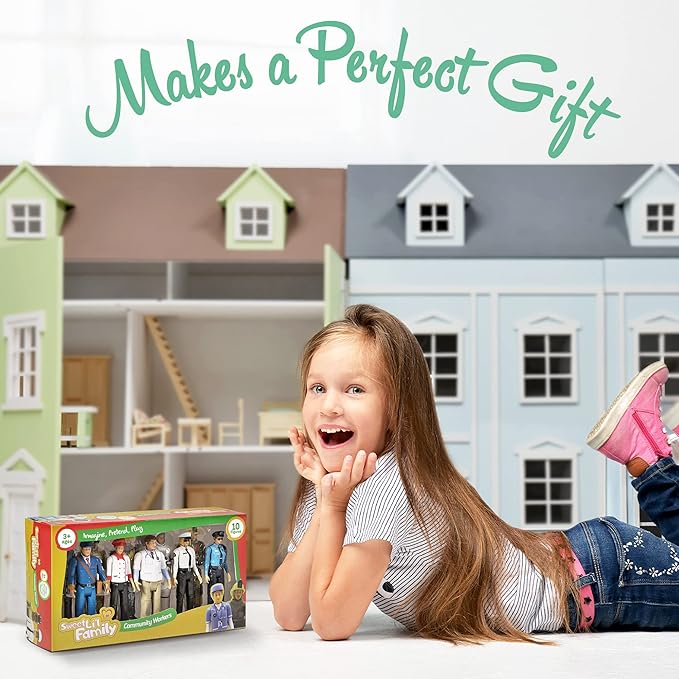 Beverly Hills Doll Collection Sweet Li’l Family Dollhouse Figures - Firefighter, Police Officer, Doctor and More, Set of 10 Action Figure People Doll House Set, Pretend Play for Kids and Toddlers