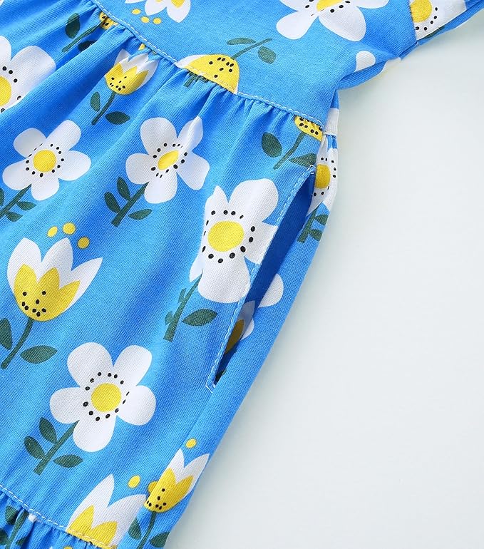 Bumeex Girl's Dresses Cotton Ruffle Sleeve Tiered Swing A-Line Cute Midi Casual Sundress