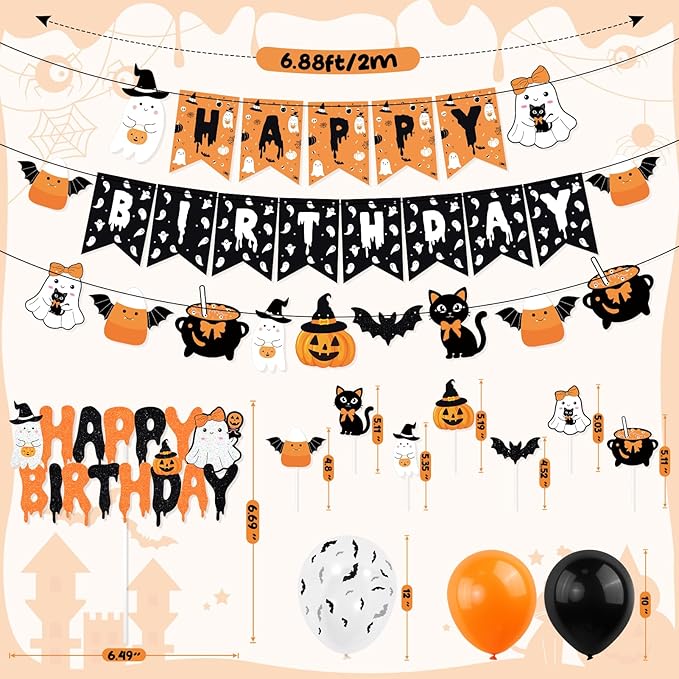 Orange Black Halloween Happy Birthday Decor Cute Ghost Banner Cake Topper Balloons for Halloween Theme Birthday Party The Spooky One Little Boo Happy Boo Day Party Supplies