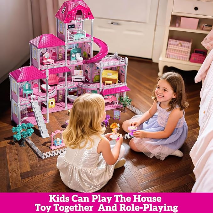 Villa Playset for Girls Ages 3-7, Indoor Playset Girls Toys for Ages 6-8 with 4 Storeys 11 Rooms 2 Dolls, Furniture and Accessories, Pretend Toddler Toy, Birthday Gifts for Kids 3 4 5 6 7 8