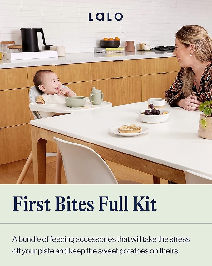 Lalo First Bites Silicone Baby Feeding Set - Baby Led Weaning Supplies - Non-Toxic Silicone - Includes 1 Bib, 2 Spoons, Training Cup, Suction Plate and Bowl - 6 Pieces - Oatmeal