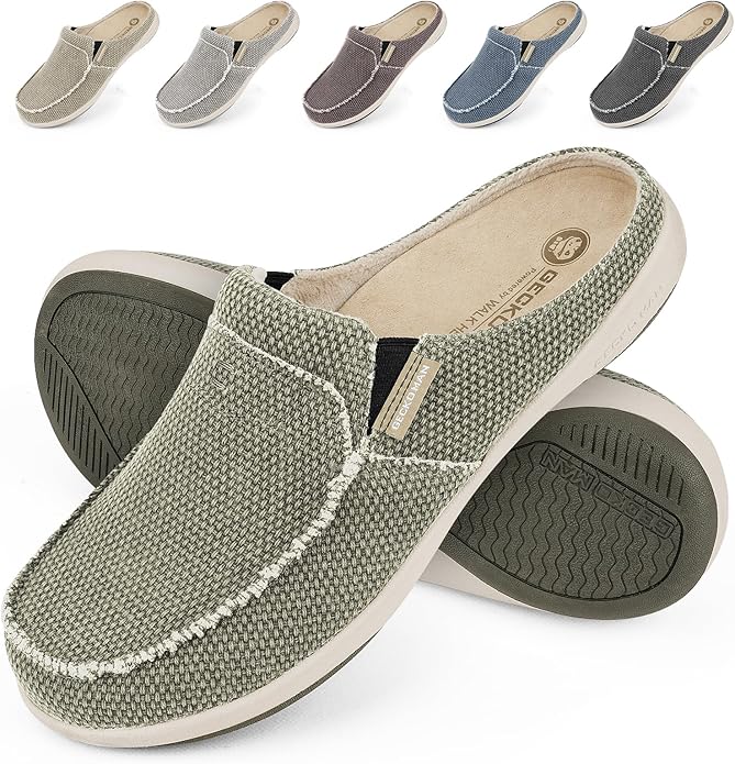 Mens Slippers with Arch Support, Canvas House Slipper for Men with Velvet Lining, Slip On Clog, Indoor Outdoor House Shoes with Anti-Skid Rubber Sole