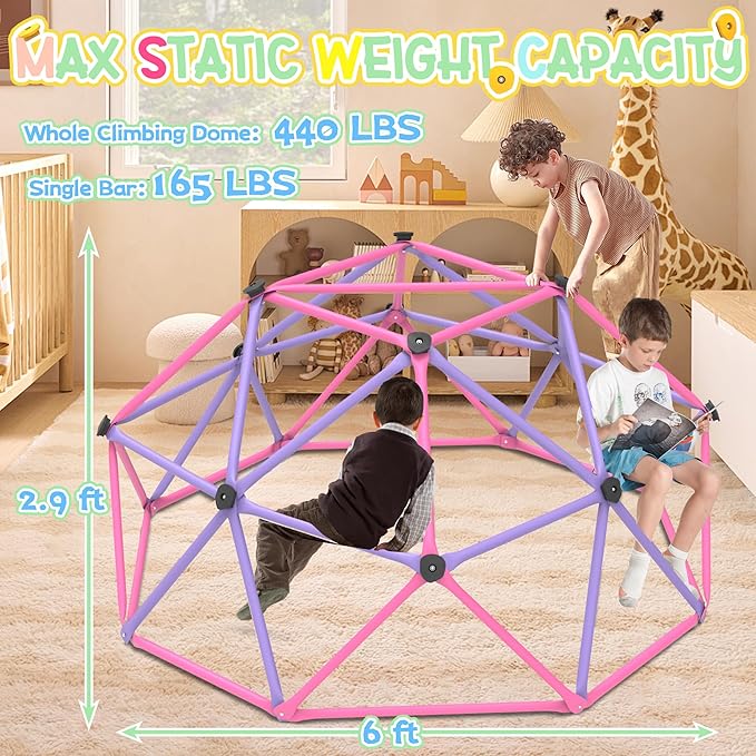 Gardenature 6FT Climbing Dome for Kids 3-8, Jungle Gym for Indoor and Outdoor, Geometric Dome Climber Supporting 440 Lbs Anti-Rust Metal Play Structure, Kids Gift Toys, ASTM Approved, Pink & Purple