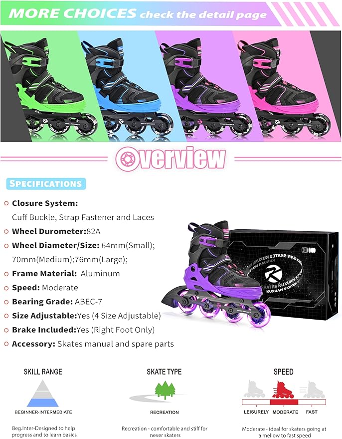 Kuxuan Skates Adjustable Inline Skates for Boys Girls, Kids Roller Skates Ages 4-12 with Light Up Wheels, Teen Skates for Beginner Women