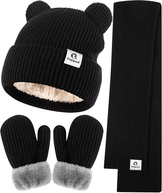 Baby Beanie Mittens Scarf Set,Toddler Infant Kids Winter Hat with Bear Ear Thermal Gloves Neck Warmer Set for Girls Boys