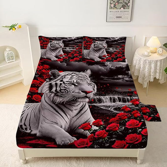Rose Tiger Sheets Set Twin for Girls Boys Women and Men Red Black Animal Print Bedding Set 3D Tiger Bed Set with 1 Flat Sheet 1 Fitted Sheet and 1 Pillowcase