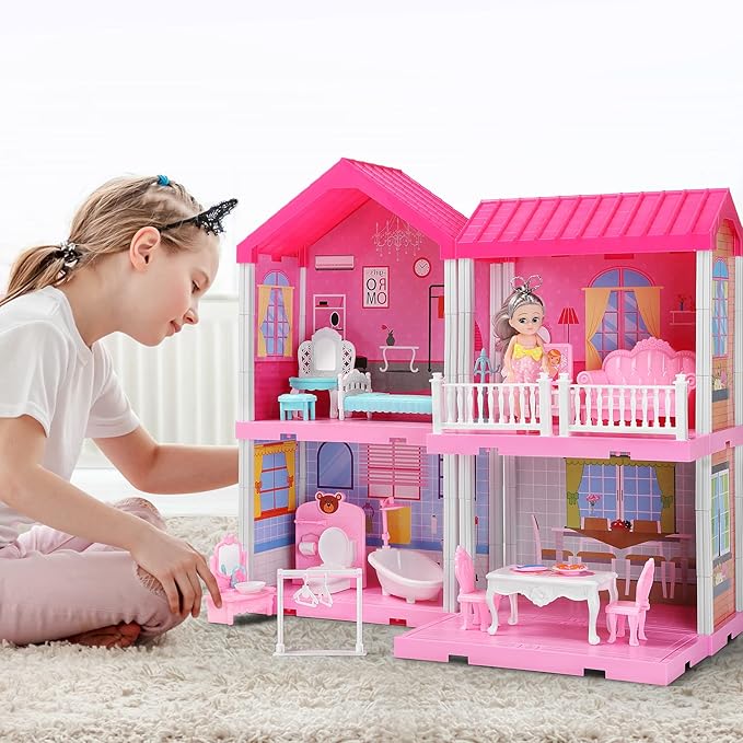 Girl House Toys for Girls 4-8, 2 Storey 4 Rooms Indoor Playset with Doll, Furniture and Accessories, Pretend Toddler Toy, Birthday Gifts for Girl Age 3-5 4-6 6-12