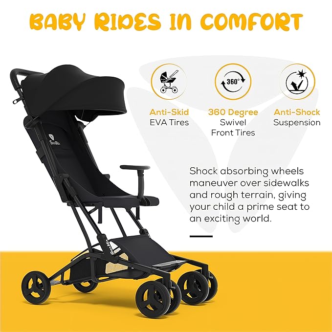 Lightweight Foldable Stroller for Toddlers - Travel & Airplane Stroller with Swivel Wheels, 1-Step Brake, Sun Canopy & Reclining Backrest