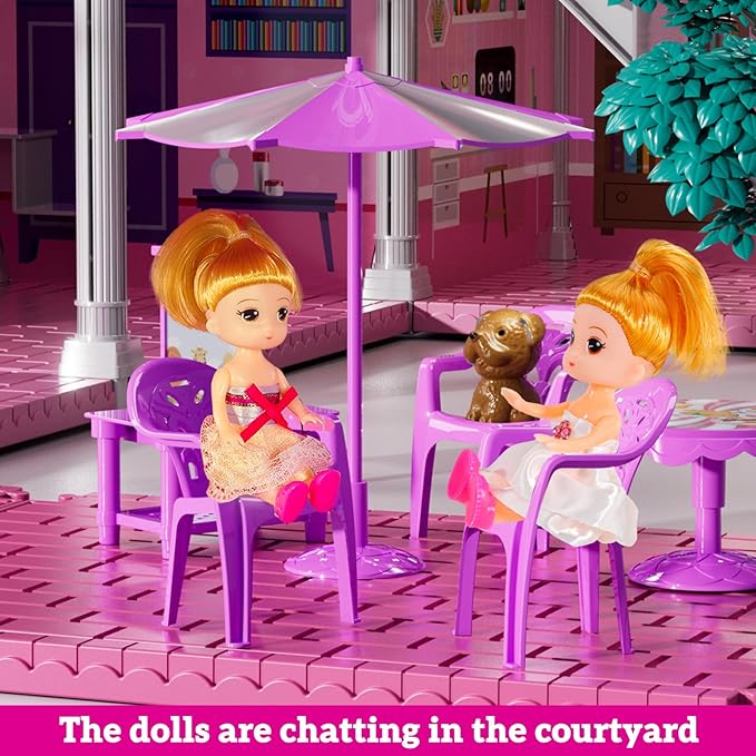 Villa Playset for Girls Ages 3-7, Indoor Playset Girls Toys for Ages 6-8 with 4 Storeys 11 Rooms 2 Dolls, Furniture and Accessories, Pretend Toddler Toy, Birthday Gifts for Kids 3 4 5 6 7 8