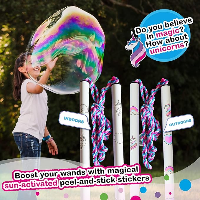 WOWMAZING Giant Bubble Kit: Unicorn - Incl. Wand, 2 Big Bubble Concentrate Pouches and 8 Sun-Activated Magical Stickers | Outdoor Toy for Kids, Girls | Bubbles Made in The USA - Unicorn Kit