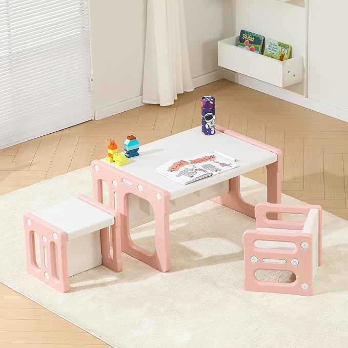 Montessori Table and Chair Set, Kids Table and Chairs, Height-Adjustable Toddler Table and Chair Set, Table Chair for Ages 3-8, Childrens Table for Daycare, Classroom