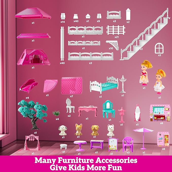 Girl House Toys for Girls 4-8, 3 Storey 6 Rooms Indoor Playset with Doll, Furniture and Accessories, Pretend Toddler Toy, Birthday Gifts for Girl Age 3-5 4-6 6-12
