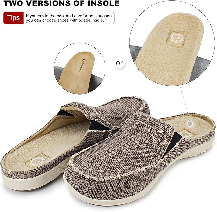 Mens Slippers with Arch Support, Canvas House Slipper for Men with Velvet Lining, Slip On Clog, Indoor Outdoor House Shoes with Anti-Skid Rubber Sole