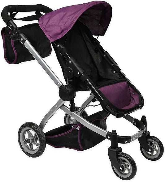 Mommy & Me Babyboo Foldable Doll Stroller with Swiveling Wheels, Doll Pram with Basket, Convertible Seat, Adjustable Handle and Free Carriage Bag - Purple Black
