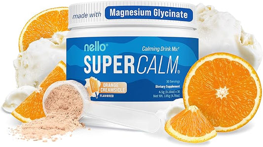 Nello Supercalm Powdered Drink Mix, Orange Creamsicle, L Theanine, Ksm-66 Ashwagandha, Magnesium Glycinate, Vitamin D 3, Supplements for Relaxation & Focus, Natural, No Sugar, Non GMO, 30 Srvgs