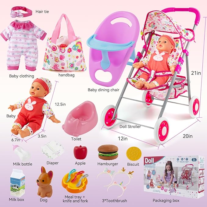 Baby Doll Stroller Toys Set with 12.5" Doll for 3-7 Girls, Foldable Stroller, Dining Chair, Accessories & 1 Outfits,Pretend Play Baby Doll Toys for Girls Ages 3-7