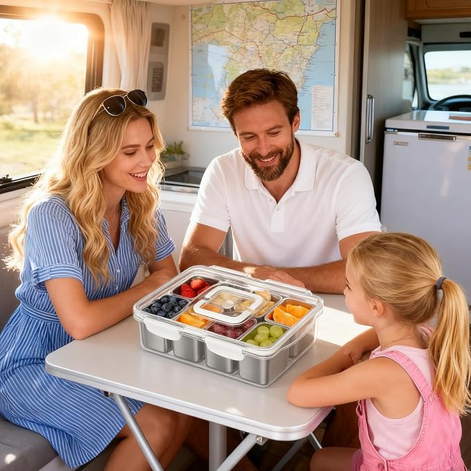 Stainless Steel Snackle Box, 8 Compartment Divided Serving Tray with Lid & Handle, Portable BPA-Free Snack Box for Fruits, Nuts & Veggies, Keep Food Fresh & Organized, Ideal for Travel,Picnic & Beach