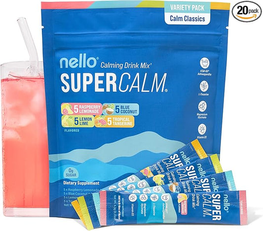 Nello Supercalm Drink Mix - Ashwagandha KSM 66, Magnesium Glycinate & L-Theanine Supplement, Vitamin D3 - Ashwagandha Root Extract - Focus and Relaxation Support (20 Travel Packets) - Variety Pack