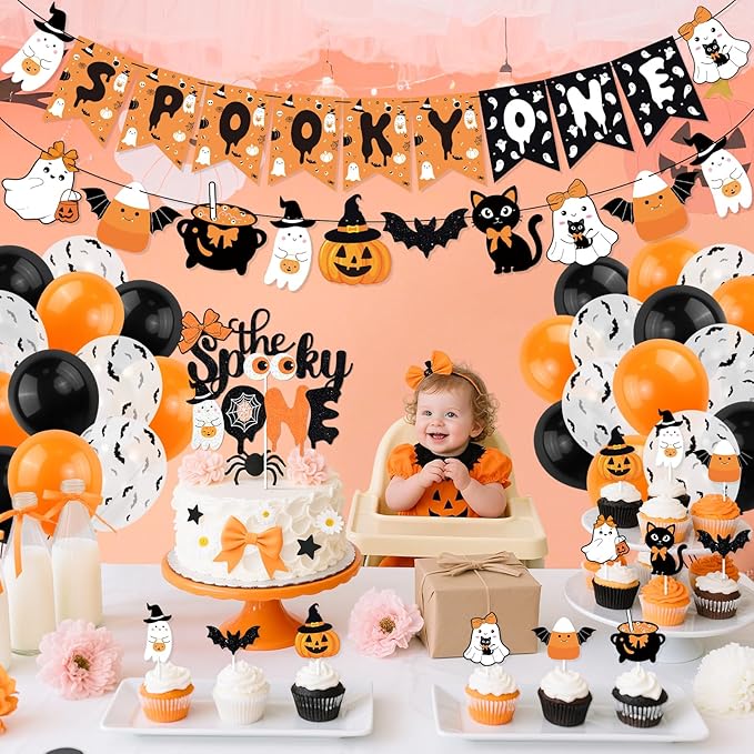 Orange Black Halloween First Birthday Decor Spooky One Banner Cute Ghost Cake Topper Balloons for Halloween Theme 1st Birthday Party The Spooky One Little Boo Happy Boo Day Party Supplies