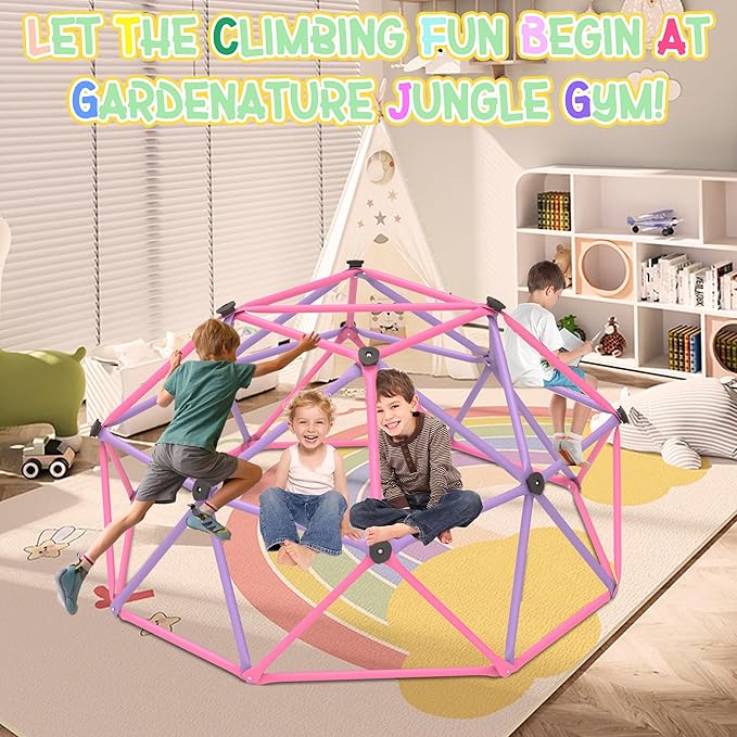 Gardenature 6FT Climbing Dome for Kids 3-8, Jungle Gym for Indoor and Outdoor, Geometric Dome Climber Supporting 440 Lbs Anti-Rust Metal Play Structure, Kids Gift Toys, ASTM Approved, Pink & Purple